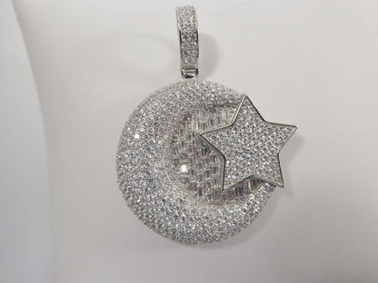Real 925 Sterling Silver Large Muslim Moon & Star Pendent Full Ice Stone Charm