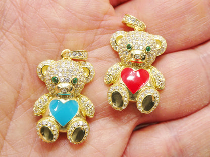 925 Sterling Silver Enamel Color Teddy Bear Pendent Set Charm