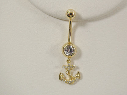 14k Real Solid Yellow Gold Dangling Anchor Belly Button Ring Piercing