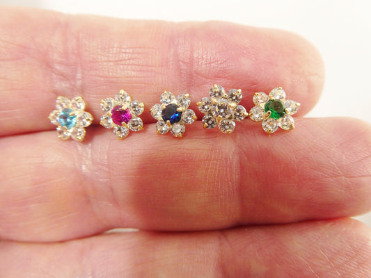 10k real solid yellow gold birthstone screw back earrings large flower shape