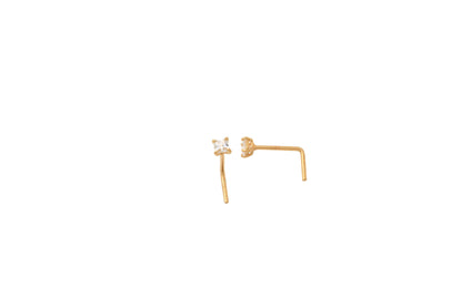 14k Real Solid Yellow Gold L-Shape 2mm Square Stone Stud Nose Ring