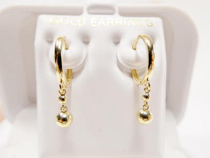Real 10k Solid Yellow Gold Ball Drop Hoop Huggie Earrings