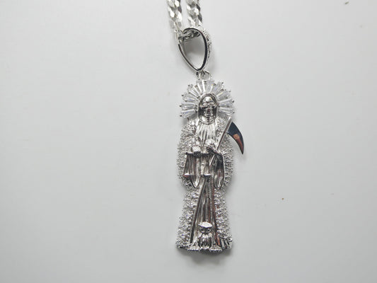 Real 925 Sterling Silver 24 Inch Flat Chain and Extra Large Santa Muerte Pendent Charm