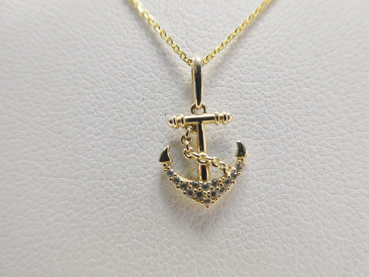 14k real solid yellow gold anchor pendent and cable necklace
