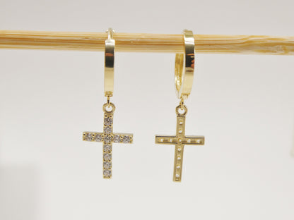 Real 10k Solid Yellow Gold Cross Dropping Hoop Huggie Earrings