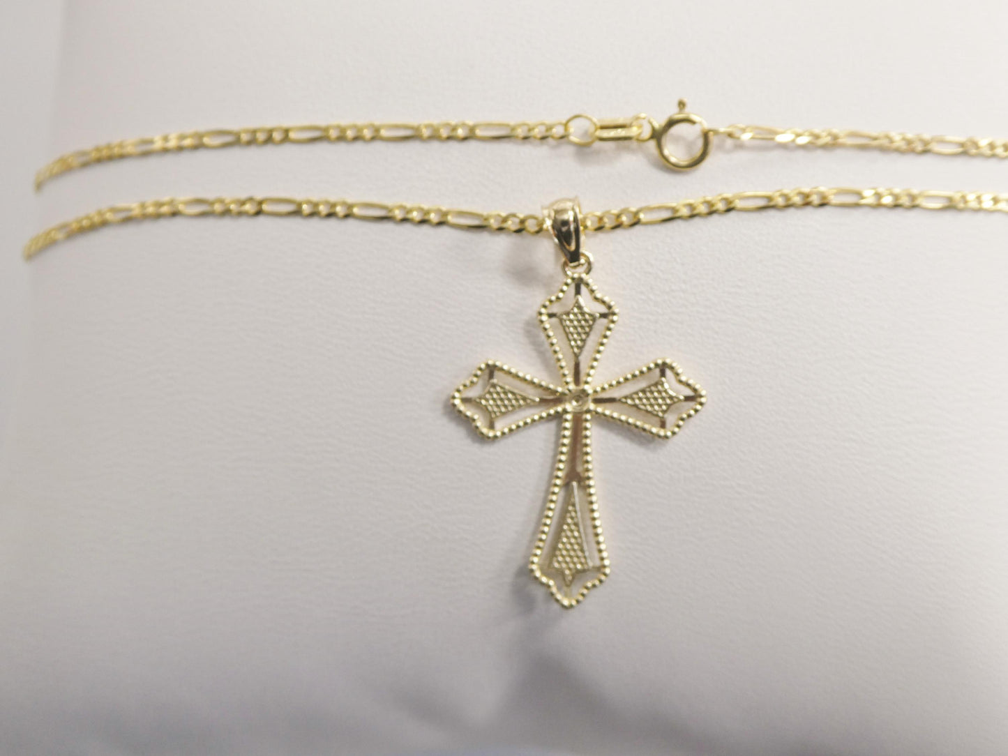 10k Yellow Gold solid figaro Chain & Cross Pendant Necklace: 16 inch