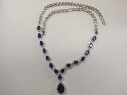 Real 925 Sterling Silver Teardrop Blue Sapphire Women Necklace