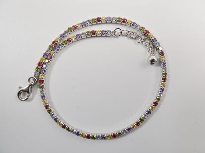 Real 925 Sterling Silver Multi-Color Rainbow Anklet Tennis Bracelet With Extension