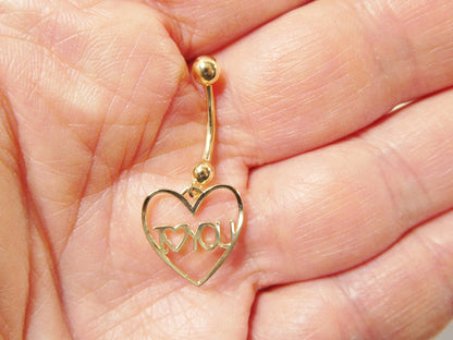 14k Real Solid Yellow Gold Heart I Love You  Belly Button Ring Piercing