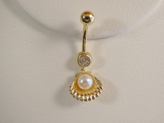14k real solid yellow gold freshwater pearl shell belly button ring piercing