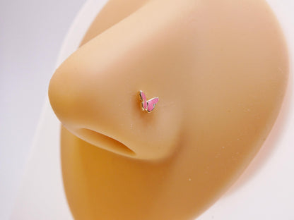 14k Real Solid Yellow Gold Tiny Pink Butterfly Stud Nose Ring