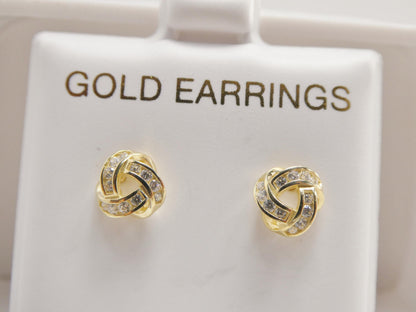 Real 10k Solid Yellow Gold Push Post Full Stone Setting Love Knot Stud Earrings