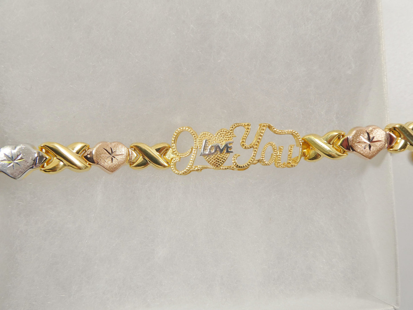 Sterling Silver 'I Love You' Bracelet: Tri-Color Heart XOXO Design