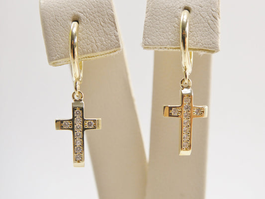 10k real solid yellow gold 1.5mm stone setting cross dangle on plain huggie hoop fancy earrings