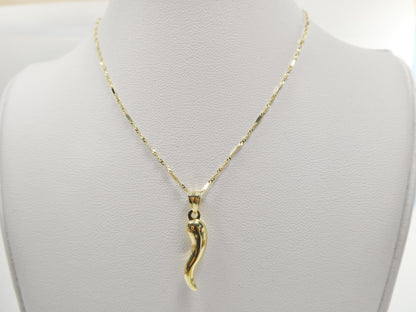 14k Real Solid Yellow Gold Horn Pendent & Flat Cable Necklace