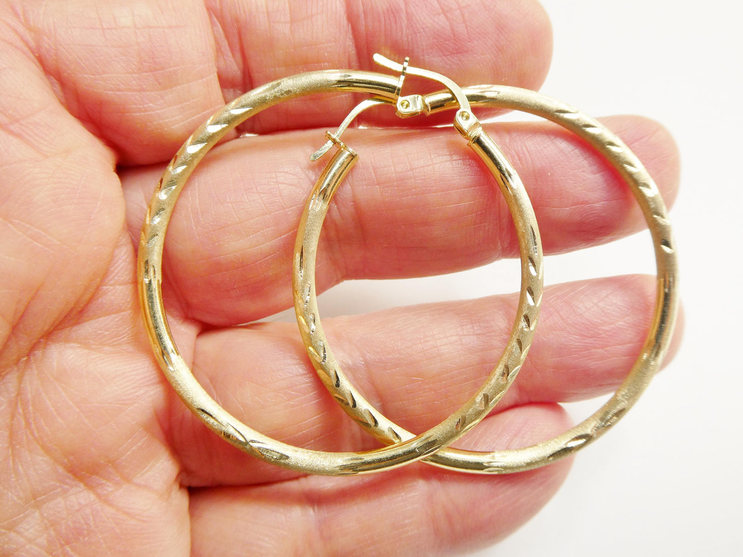 10k real solid yellow gold diamond cut hoop 45mm earrings