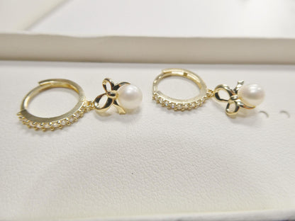 Real 10k Solid Yellow Gold Designer Pearl Drop Hoop Huggie Earrings