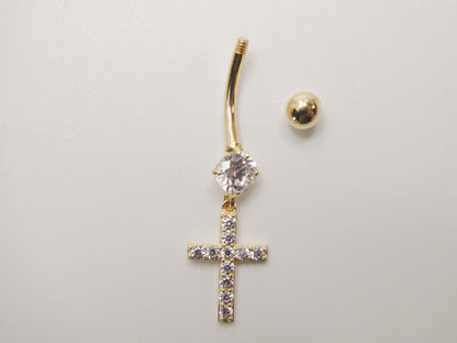 14k Real Solid Yellow Gold Dangling Cross Belly Button Ring Piercing