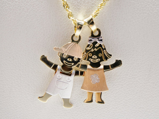 14k real solid yellow gold boy girl pendent and robe necklace