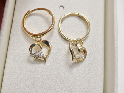 Real 10k Solid Yellow Gold Designer Heart Dangling Hoop Huggie Earrings