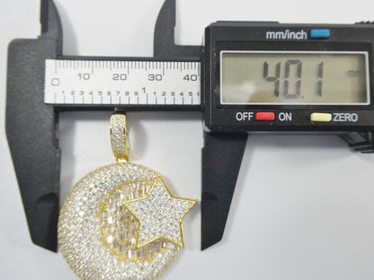 Real 925 Sterling Silver Large Muslim Moon & Star Pendent Full Ice Stone Charm