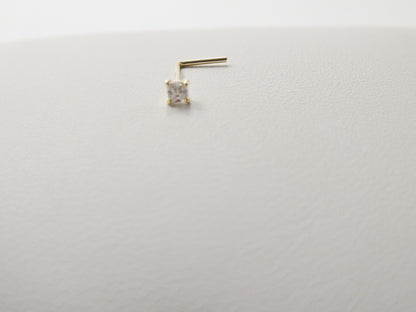 14k Real Solid Yellow Gold L-Shape 2mm Square Stone Stud Nose Ring