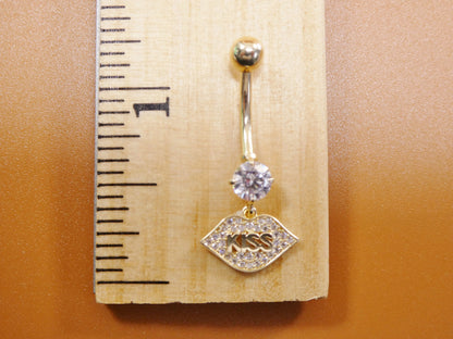 14k Real Solid Yellow Gold Dangling Logo Kiss Lips Belly Button Ring Piercing