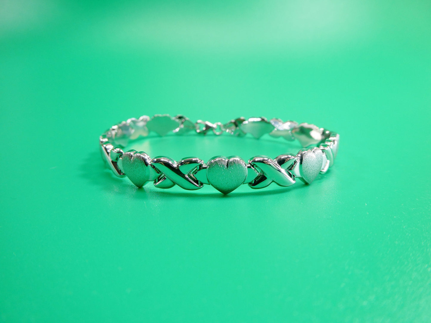 6.5 inch 7.5 inch 10 INCH xoxo satin heart stampato bracelet 14k white gold color finish over real 925 sterling silver