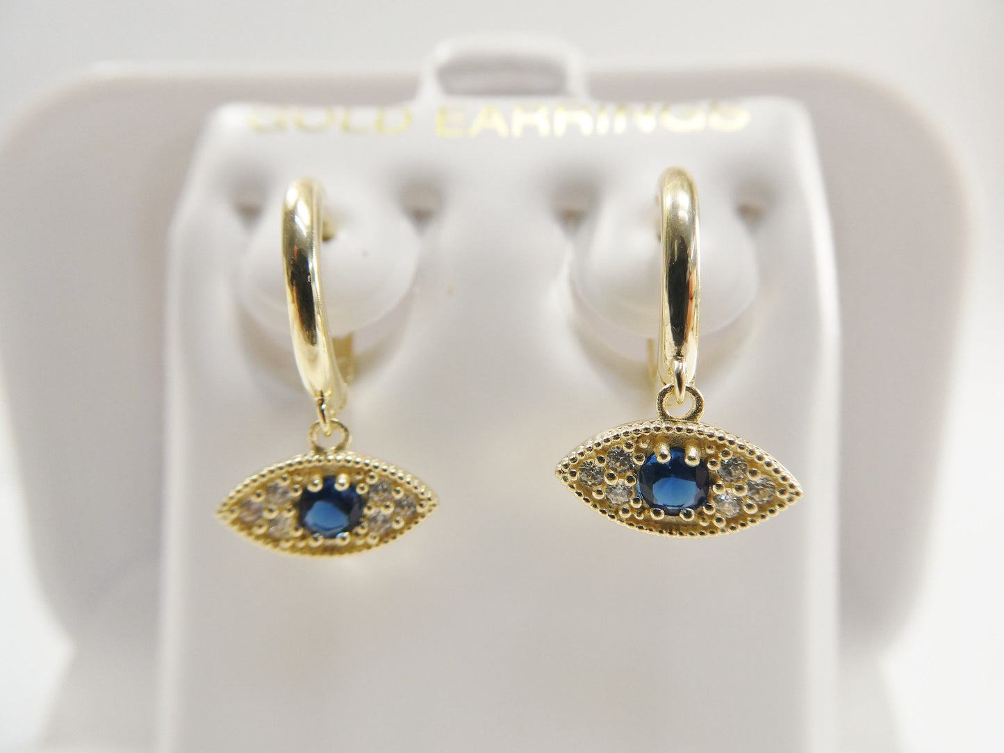 10k real yellow gold sapphire blue stone evil eye dropping plain huggie earrings