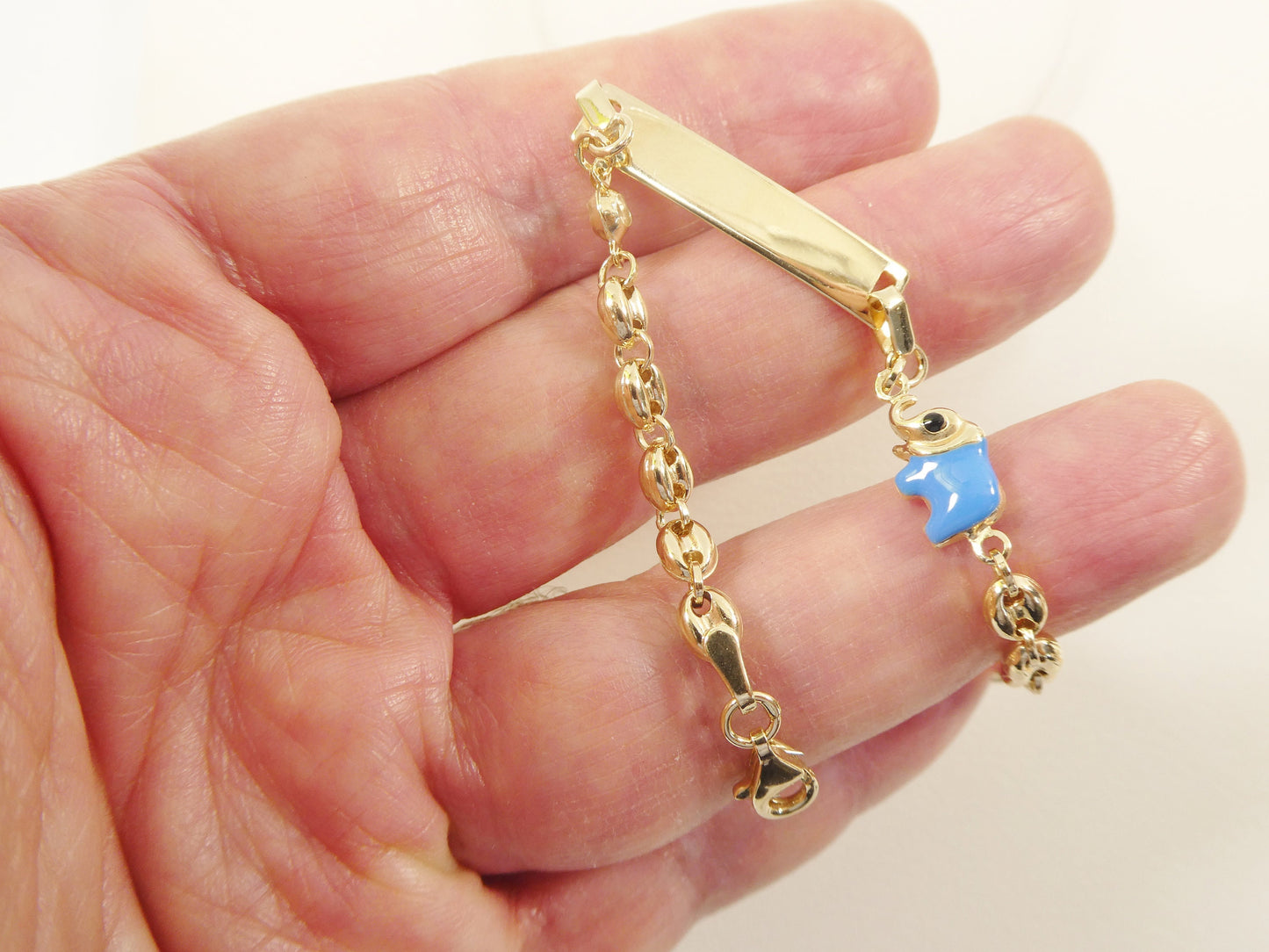 14k Yellow Gold Baby ID Bracelet: Enamel Elephant Mariner Chain, 6 Inch