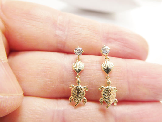 real 10k solid yellow gold turtle dangling push post earrings