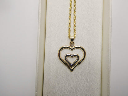14k Real Solid Yellow Gold Two Tone Double Heart Pendent and Robe Necklace