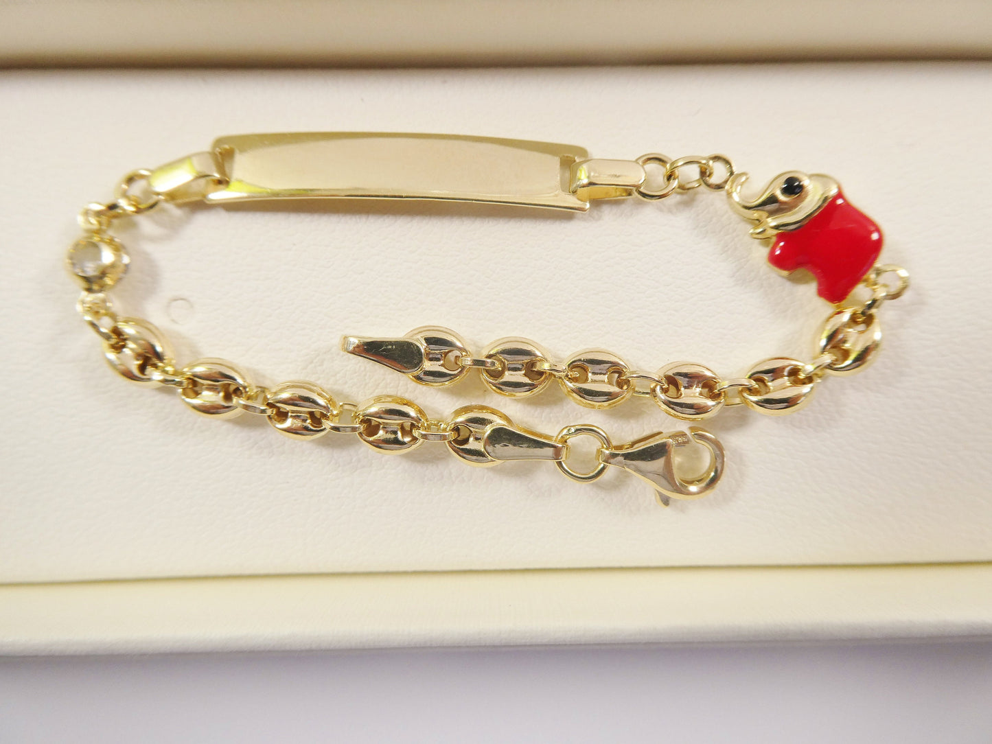 14k Yellow Gold Baby ID Bracelet: Enamel Elephant Mariner Chain, 6 Inch