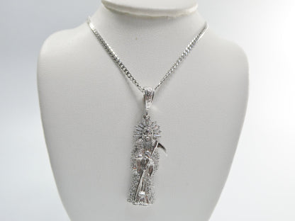 Real 925 Sterling Silver 18 Inch Curb Chain and Santa Muerte Pendent Charm