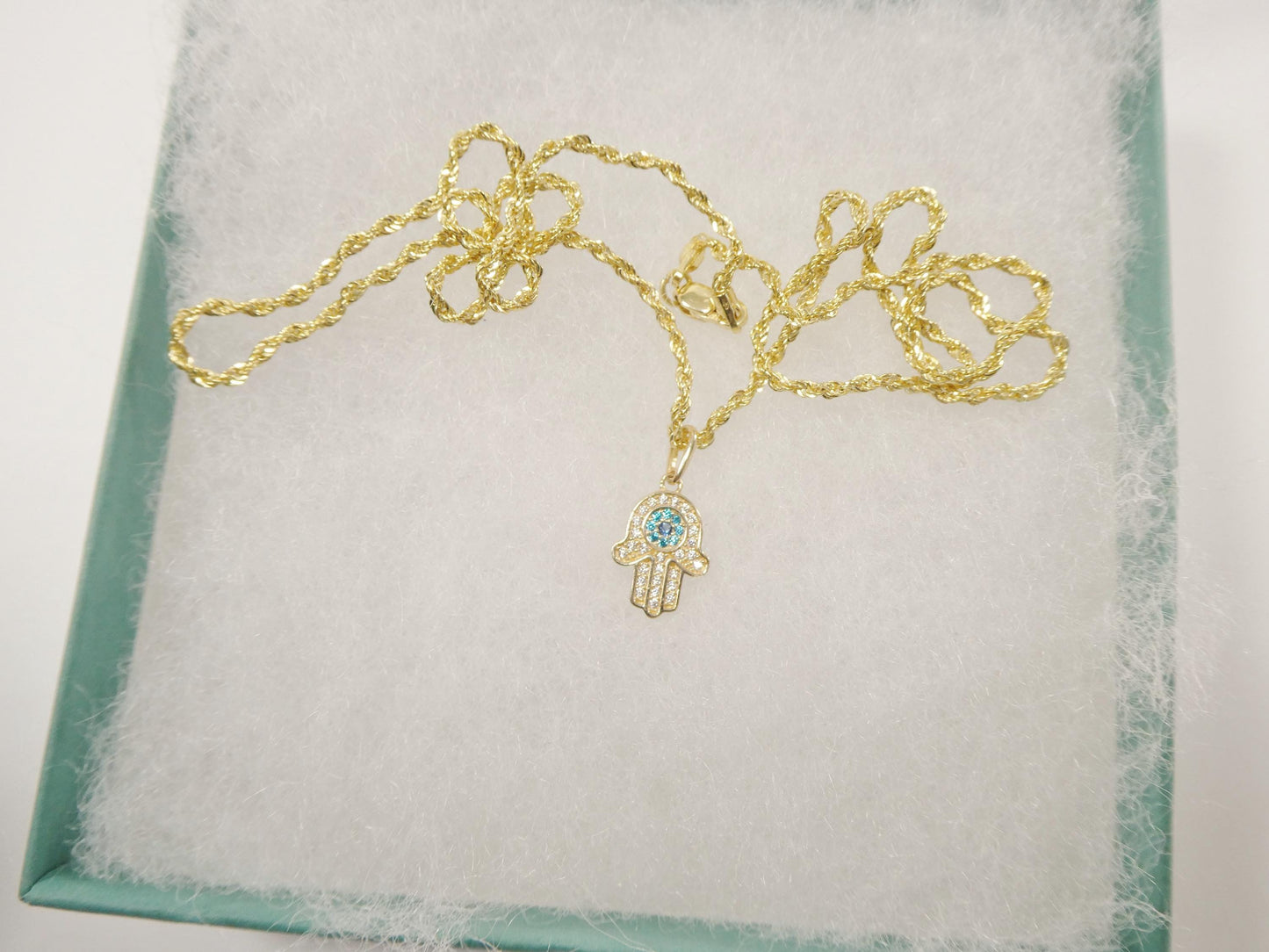 14k real solid yellow gold hand hamsa  pendent and rope necklace