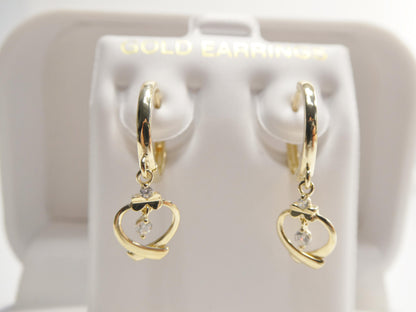 Real 10k Solid Yellow Gold Designer Heart Dangling Hoop Huggie Earrings