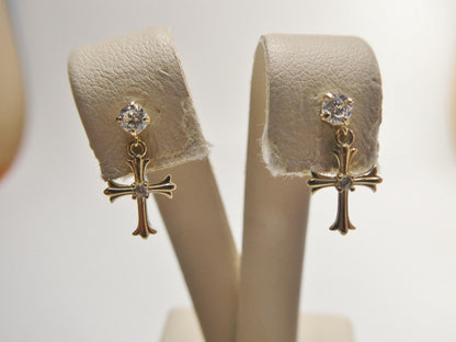 Real 10k Solid Yellow Gold Cross Dropping Push Post Earrings