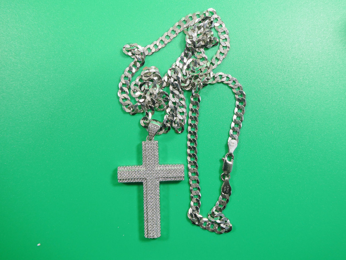 14k white gold color tone chain and large cross charm pendent over real 925 sterling silver