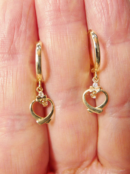 Real 10k Solid Yellow Gold Designer Heart Dangling Hoop Huggie Earrings