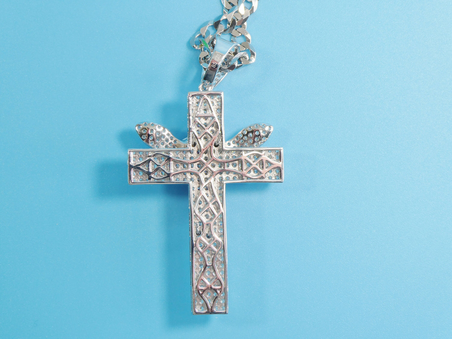 14k white gold color tone chain and large angel cross charm pendent over real 925 sterling silver