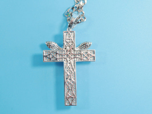 14k White Gold Color Tone Chain and Large Angel Cross Charm Pendent Over Real 925 Sterling Silver