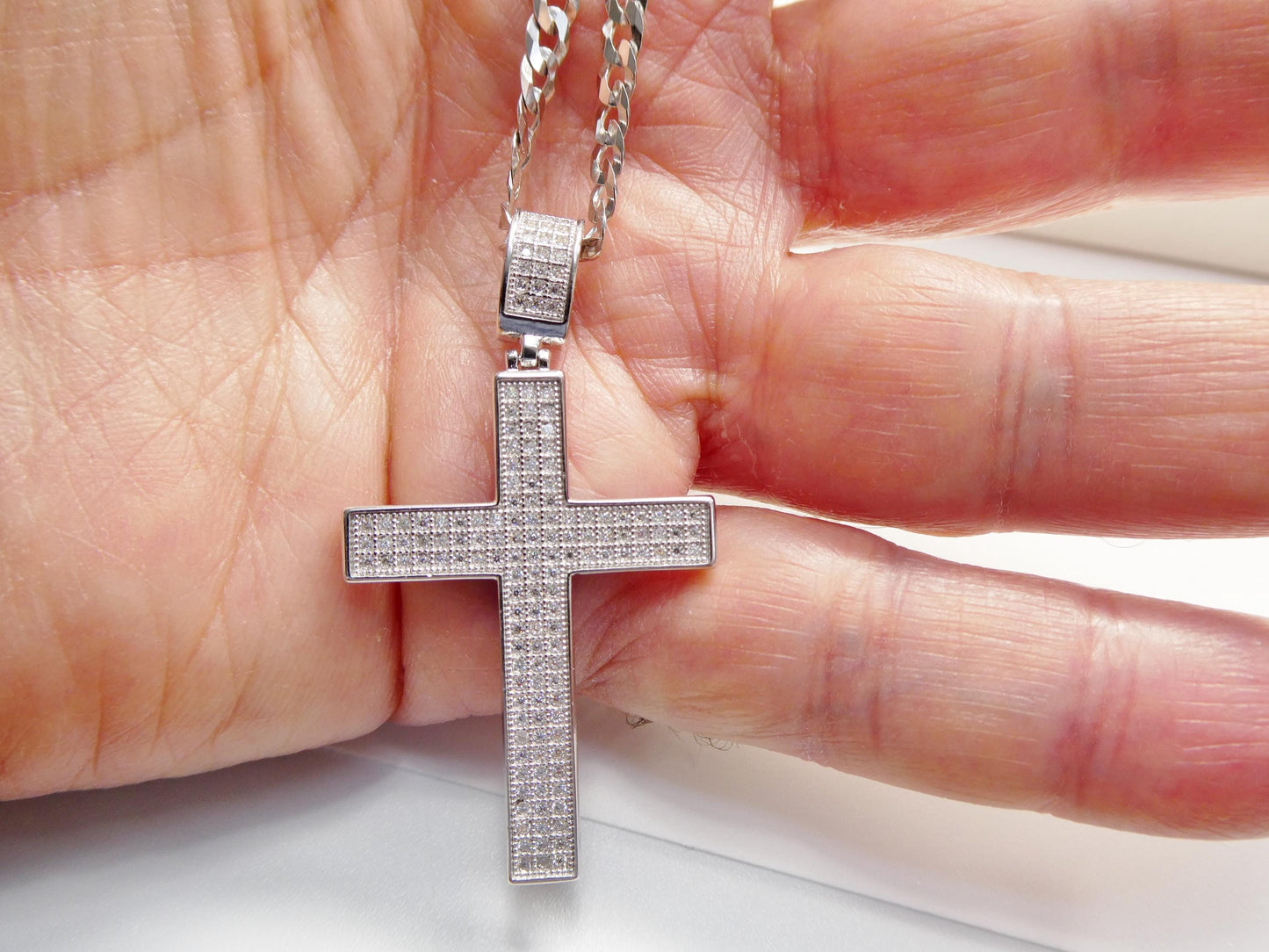 real 925 sterling silver 22 inch flat chain and moissanite cross pendent charm
