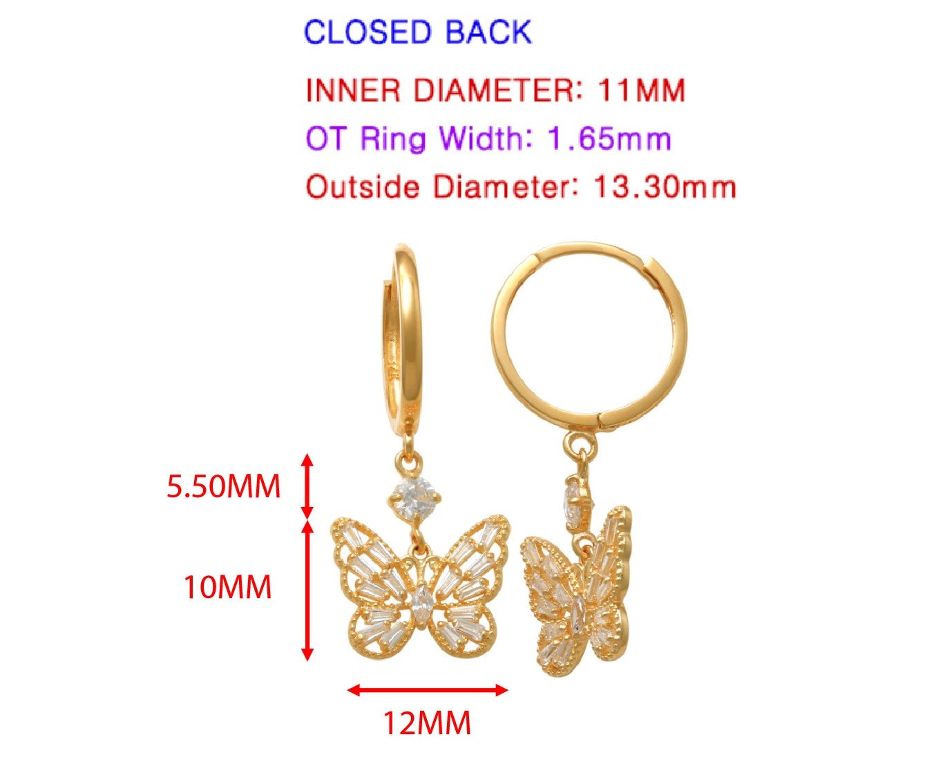 real 10k solid yellow gold butterfly drop baguette setting hoop huggie earring