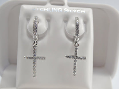Sterling Silver Cross Drop Earrings: White Gold Finish, Cubic Zirconia