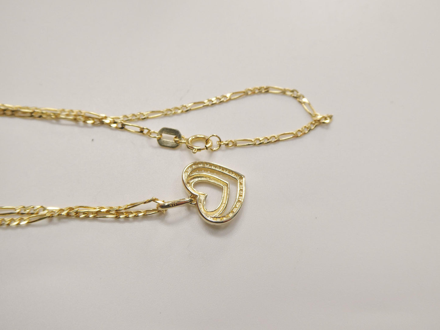 10k Yellow Gold Figaro Chain Necklace with Double Heart Pendant