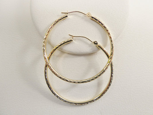 14K real solid yellow gold 2mm / 40mm diamond cut hoop earring snap closure