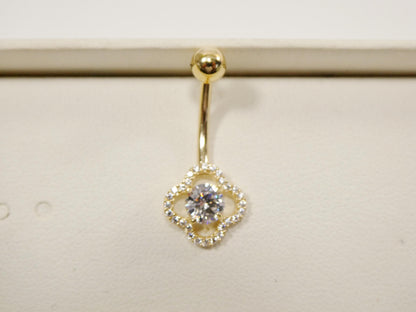 14k Real Solid Yellow Gold Flower Shaped Belly Button Ring Piercing