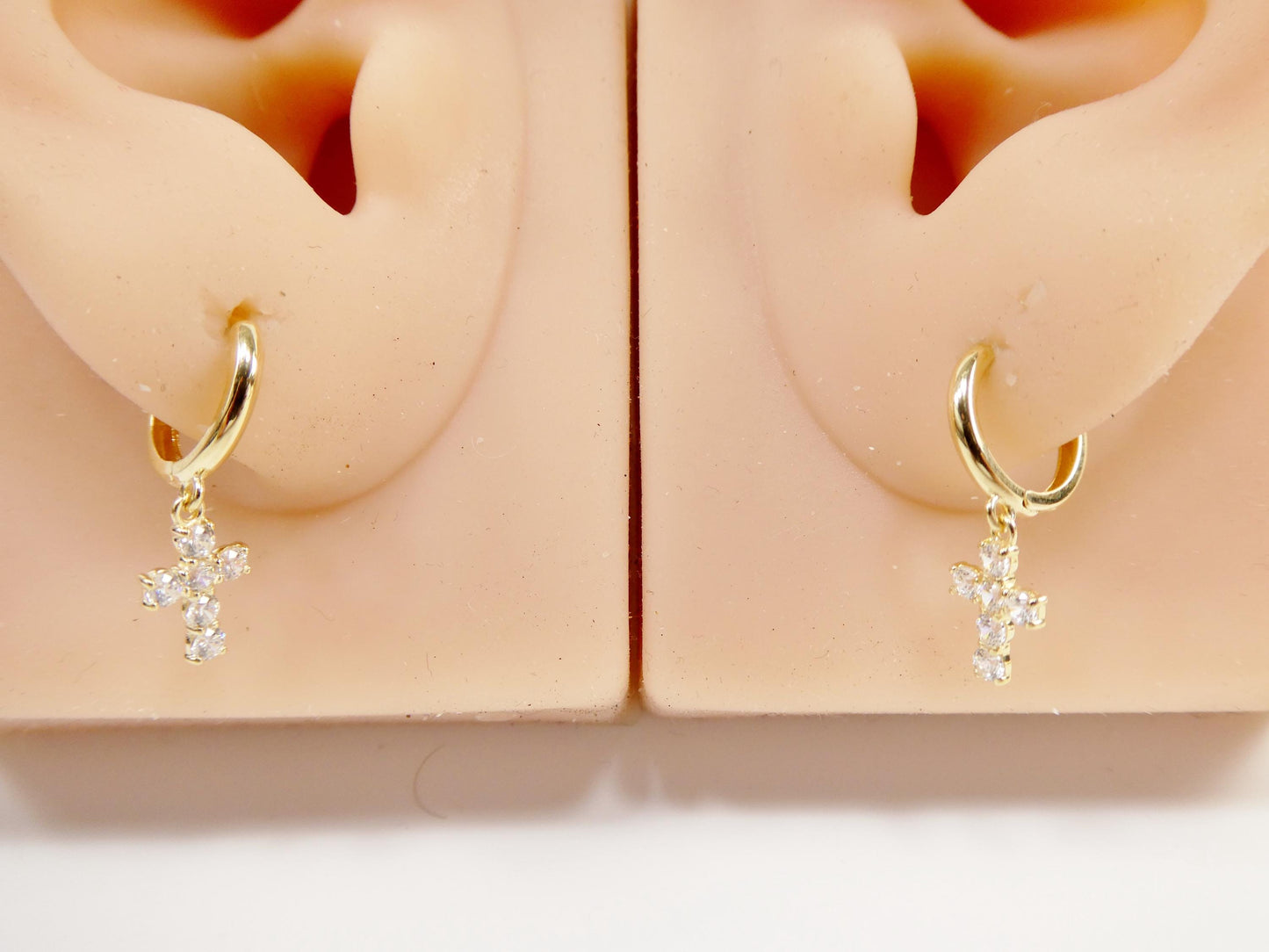 real 10k solid yellow gold cross dropping hoop huggie earrings