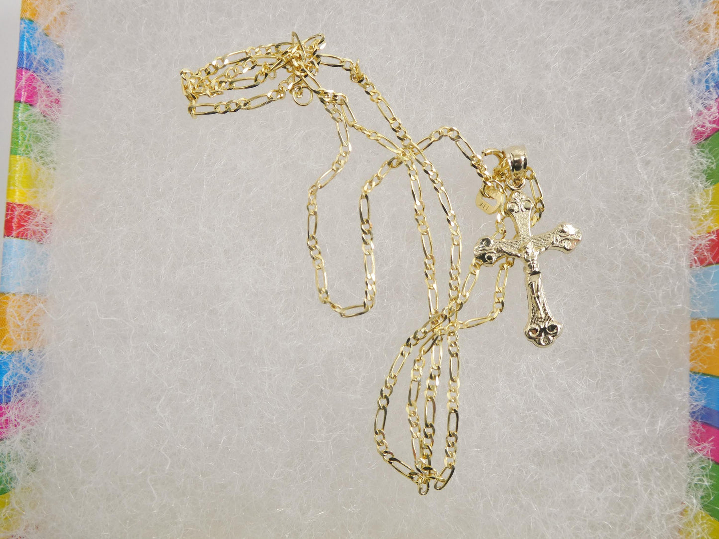 10k Yellow Gold solid figaro Chain & Cross Pendant Necklace: 16 inch