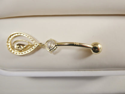 14k Real Solid Yellow Gold Oval Dangling Belly Button Ring Piercing